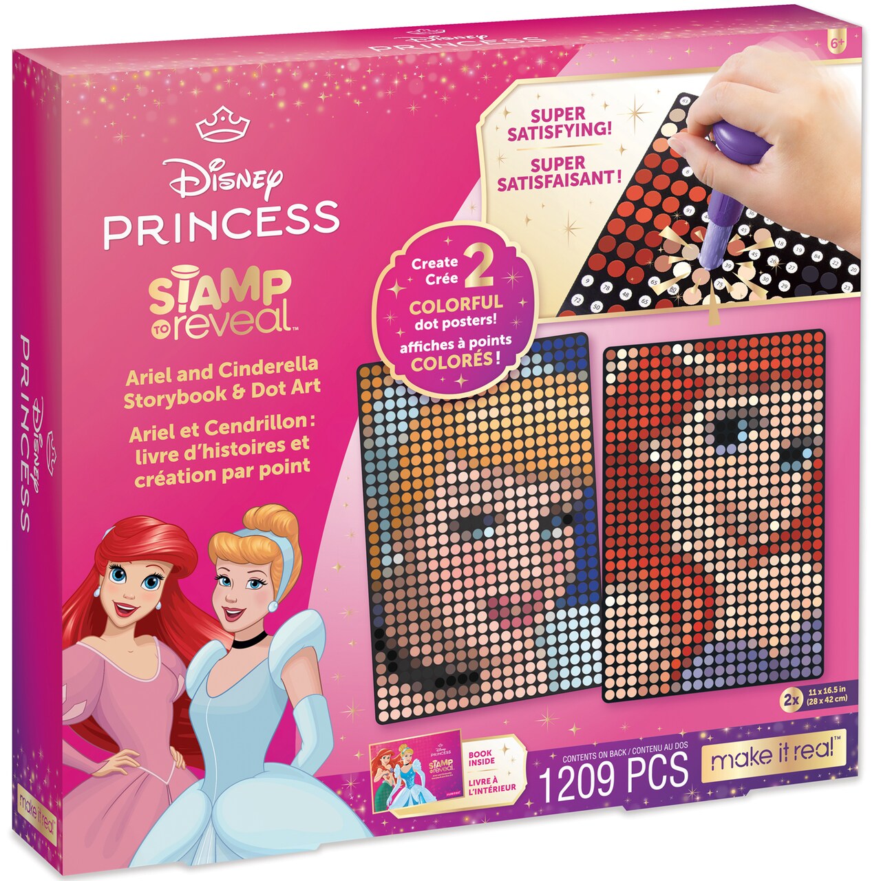 Make It Real: Disney Stamp To Reveal Ariel & Cinderella Storybook & Dot Art - 1209 pcs, DIY 2 Princess Dot Posters, Craft Kit, Girls & Kids Ages 6+